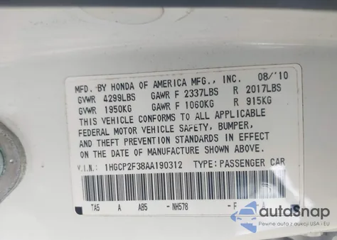 2010 Honda Accord 2.4 Lx из США, поврежденный, VIN 1HGCP2F38AA190312